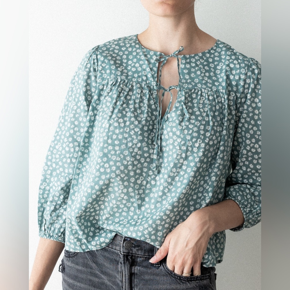 GAP Small Teal Floral Cotton Blouse with Ties